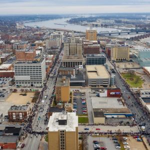 drone shot of downtown davenport 