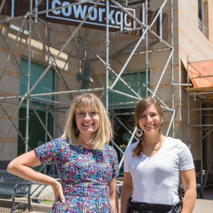 image of leslie and amy outside of coworkqc