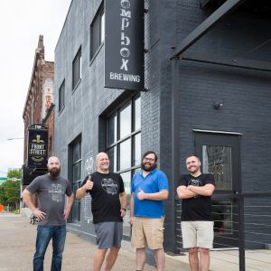 image of stompbox owners outside of brewery