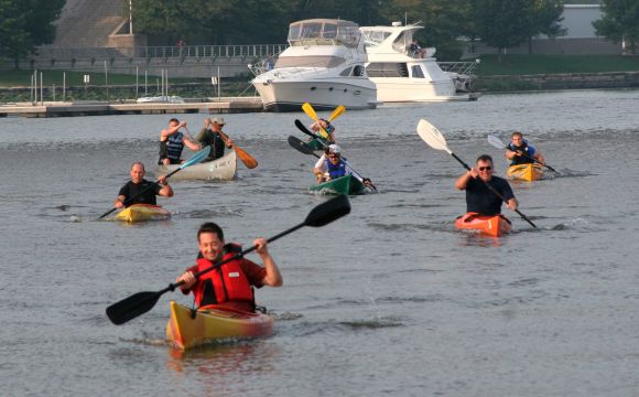 kayakers in the missisippi river in davenport iowa