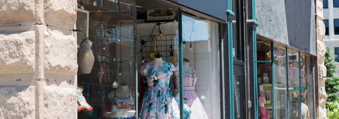 image of clothing items in storefront window at abernathys